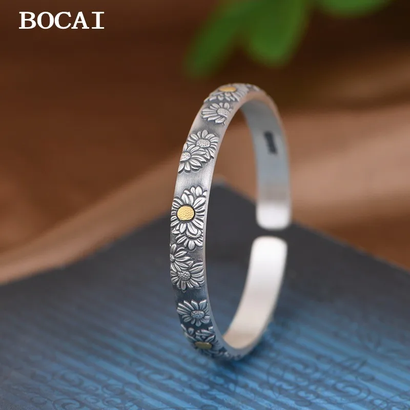 BOCAI New S999 Silver Retro Minimalist Embossed Daisy Flower Solid Bracelet Women's Style