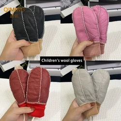 Winter Outdoor Girl Mittens Boys Kids Real Sheep Fur Gloves Warm Wool Gloves Children's Sheepskin Leather Plush Guantes Mitten