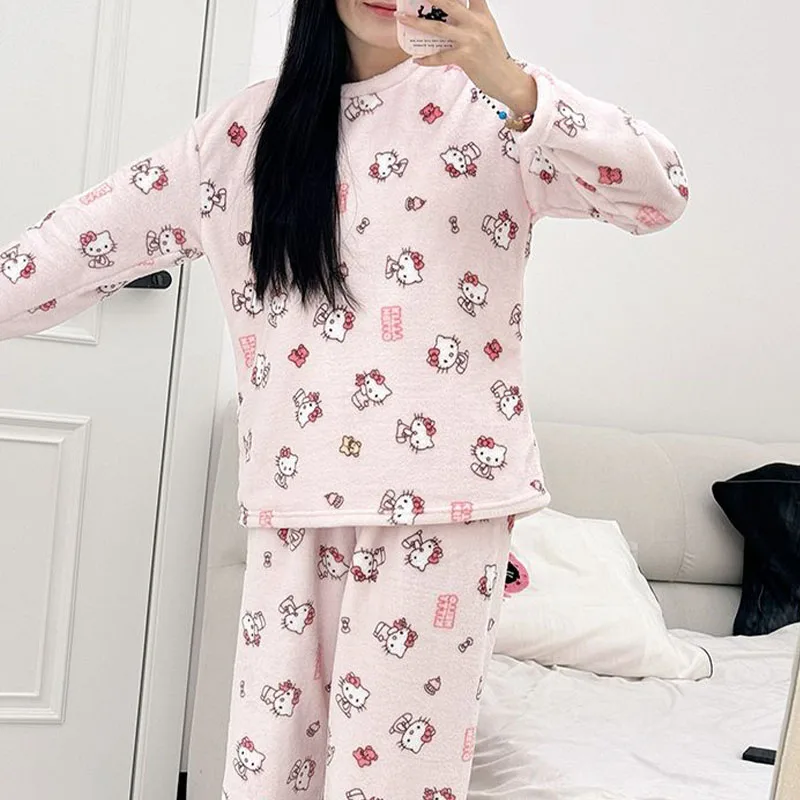 アニメハローキティ女性のパジャマ冬漫画フランネルパジャマパンツセットかわいい女の子カジュアルラウンジウェアソフトで快適