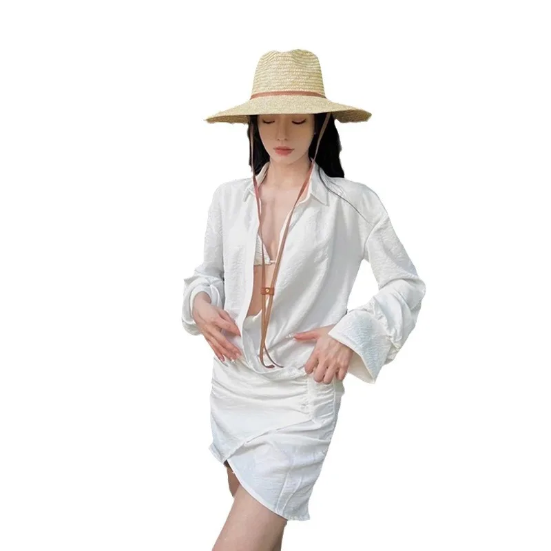 Seaside Beach Bikini Shirt Skirt Swimsuit Women's Three-piece Set 2025