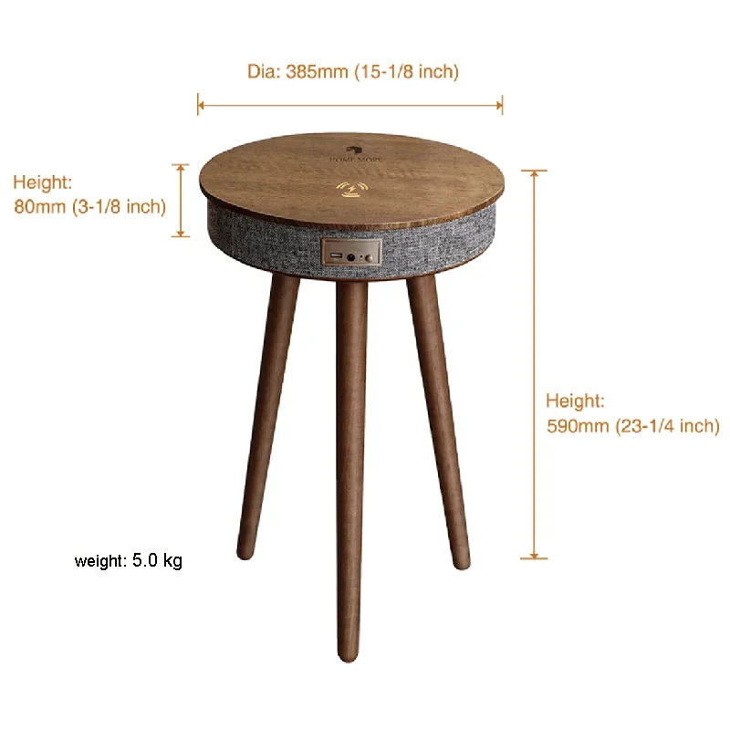 Haut-parleur intelligent à dents bleues, table basse ronde cachée, plateau en bois moderne, 3 pieds en chêne, 2 haut-parleurs de 10W chacun, évolution rapide de 15W