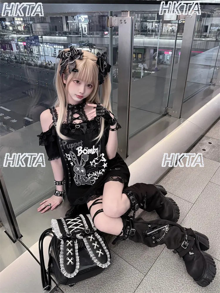 Dark Subculture Y2k Goth Sweet Cool Hot Girl Alphabet Print Lace Bow Collar Short Sleeve T shirt top Cake Skirt Black Sets Women
