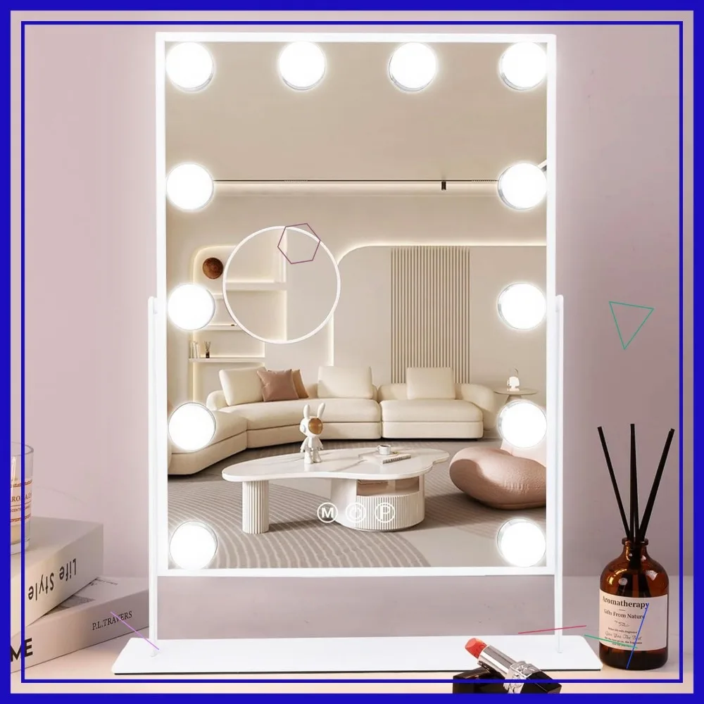 

LED Lighted Vanity Mirror with 12 Bulbs, 10X Magnifier, 3 Color Modes & Touch Control - Perfect Makeup Mirror for Women (White)
