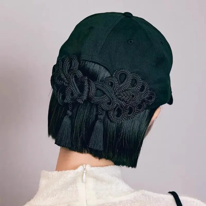 

New Chinese Style National Trend Button Tassel Hard Top Baseball Cap Women High Cranium Flower Face Slimming Duckbill Cap Black