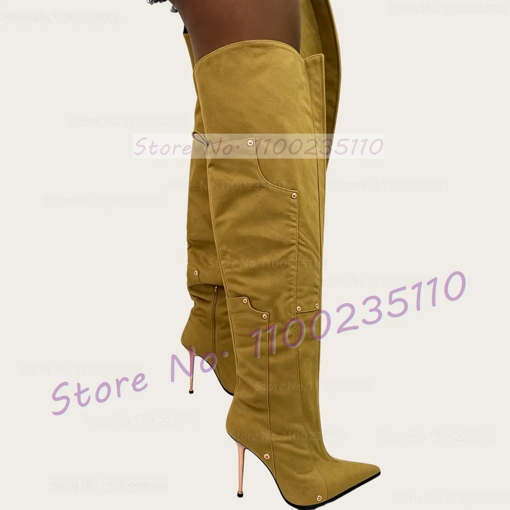 Mustard Tan Cotton Canvas Over Knee Boots Women Sexy Pocket Design Pointy Toe Biker Boots Patchwork Metal Eyelets Thin Heels