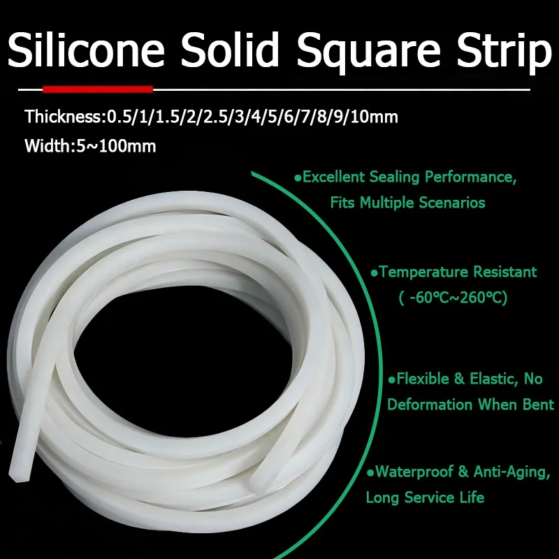 Solid Silicone Rubber Sealing Strip High Temperature Resistant Square Strip Weatherstrip Thick 0.5/1/1.5/2/2.5/3/4/5/6/7/8~10mm