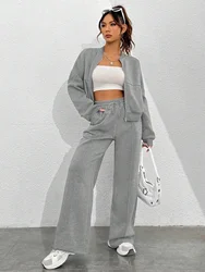 Women's Spring and Autumn New Fashion Trend Cardigan Zipper Coat + Elastic Waist Wide Leg Pants Solid Color Two-piece Set Y2k