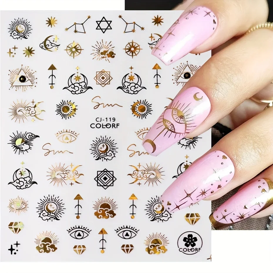 Pegatinas 3D de ojos malvados para uñas, deslizadores de línea de serpiente, luna, estrella, diseño de bruja, calcomanía de línea decorativa para cara de verano, manicura