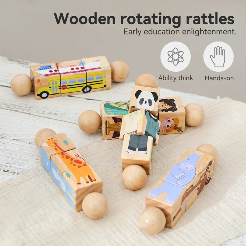 1PC Baby Wooden Montessori Toys Cartoon Blocks Rotate Puzzles Handbells Musical Rattle Toys for Children Educational Toys Gift