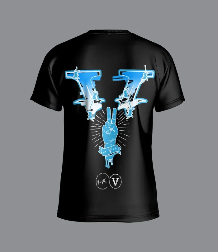 VRK Newest Design  Cool Ice-Blue Victory Hand Back Print Black Cotton T-Shirt, Summer Casual Apparel
