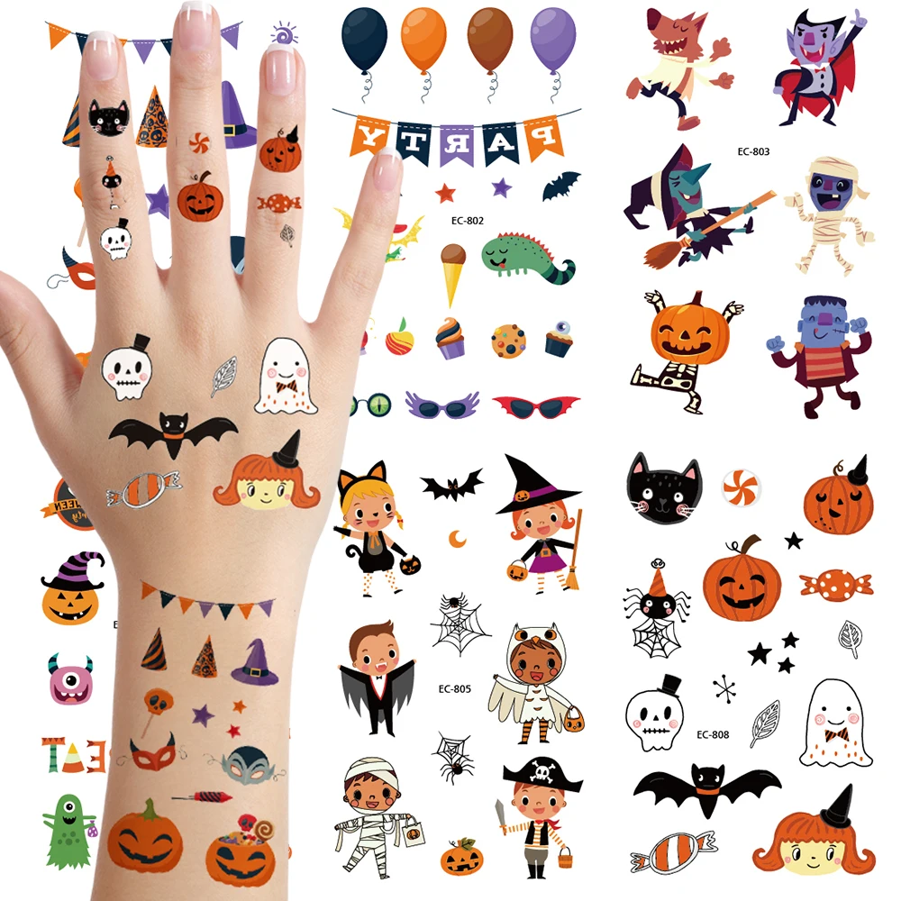 

Временная татуировка на Хэллоуин с героями мультфильмов - милые тыквенные призраки, воздушный шар, декоративные художественные наклейки для тела и рук, подходят для вечеринки
