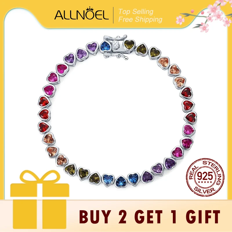 

ALLNOEL Solid 925 Sterling Sliver Tennis Bracelet For Women Colorful Zircon Inlaid Heart shape Rainbow CZ Jewelry Wholesale