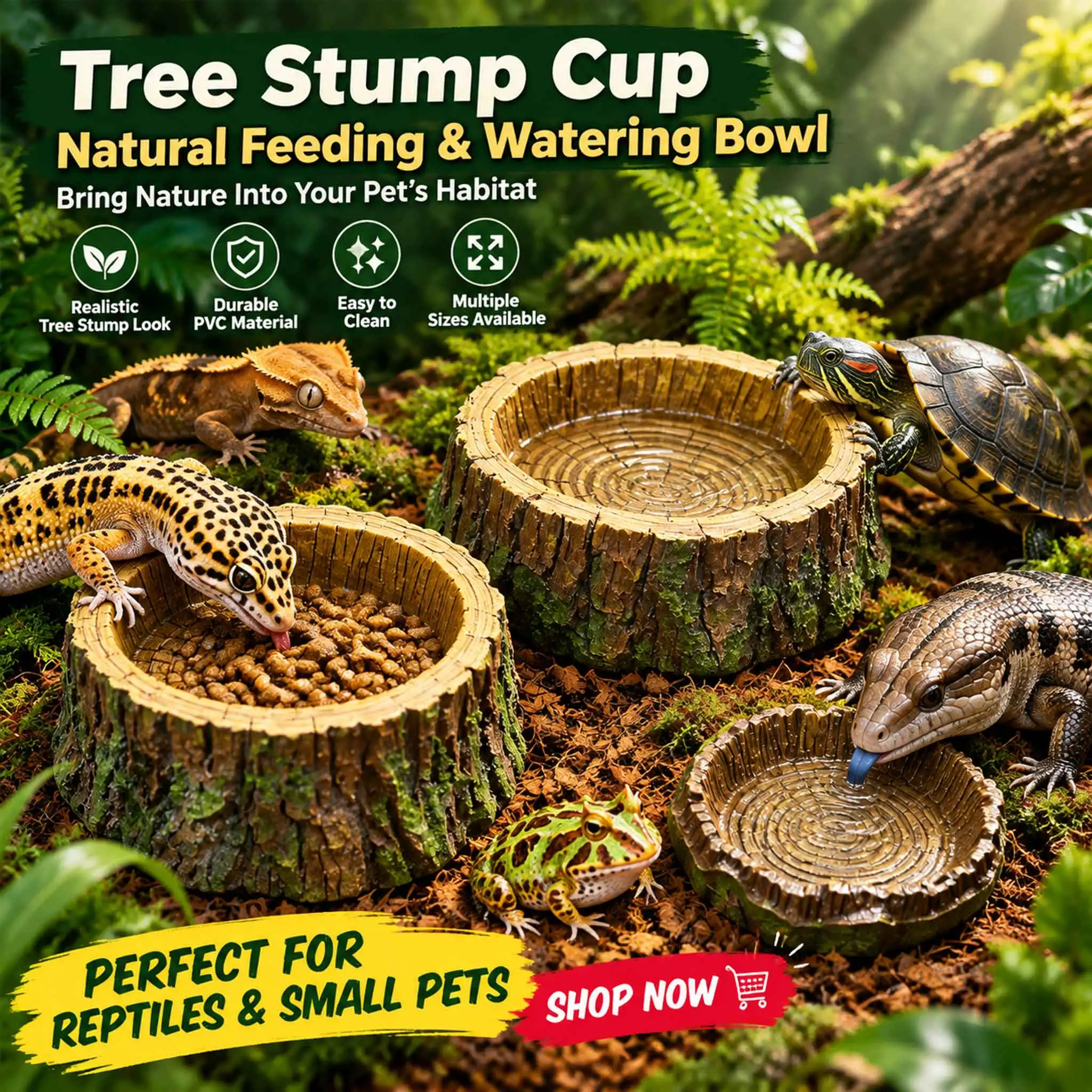 Reptile Tree Stump Water Food Bowl PVC Simulation Wood Feeding Dish for Leopard Gecko Lizard Hermit Crab