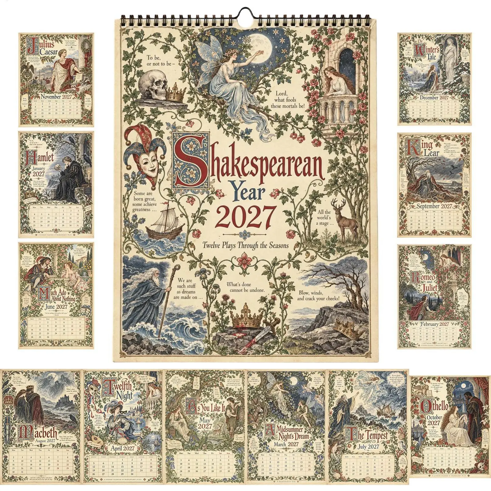 Vintage 2027 Wall Calendar Monthly Layout Ruled Daily Blocks Aesthetic Spiral Wall Calendar for Home Office Classroom, Non-Glare