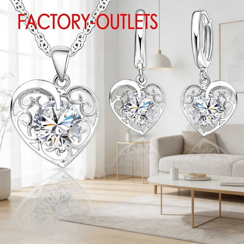 Fashion Jewelry Set 925 Sterling Silver CZ Crystal Heart Design Female Party Engagement  Wholesale All Compatible