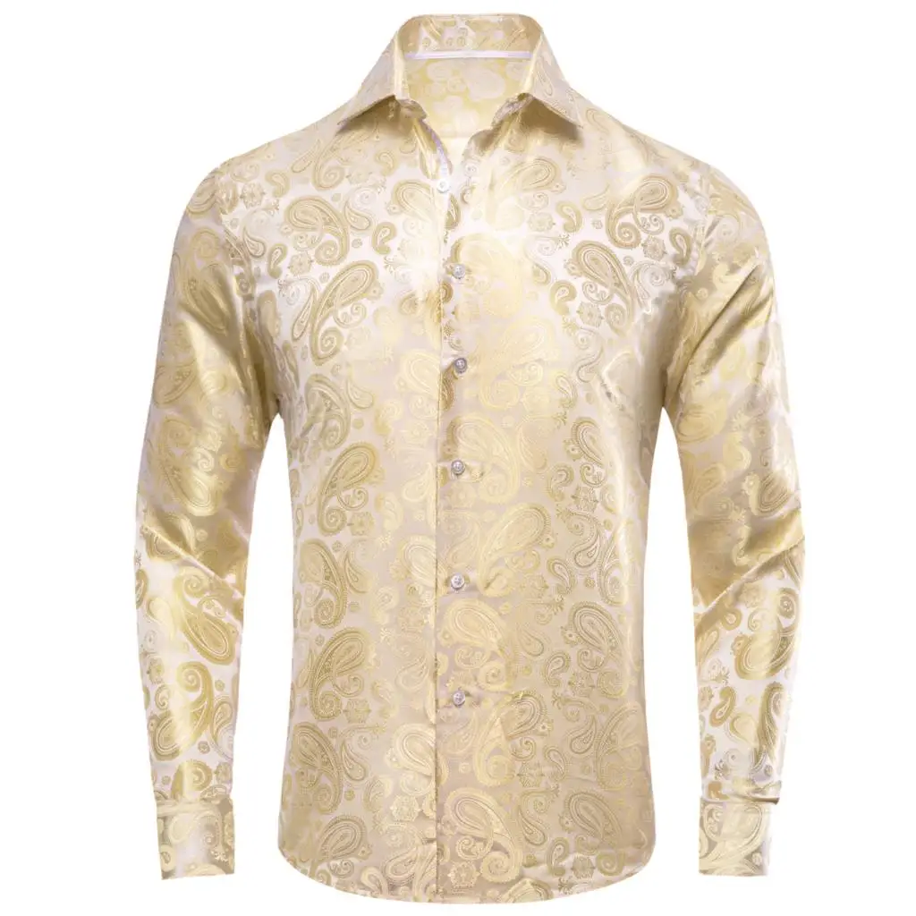 

Hi-Tie Brand Beige Gold Silk Mens Shirts Lapel Long Sleeve Social Suit Dress Shirt Jacquard Paisley Male Blouse Wedding Business