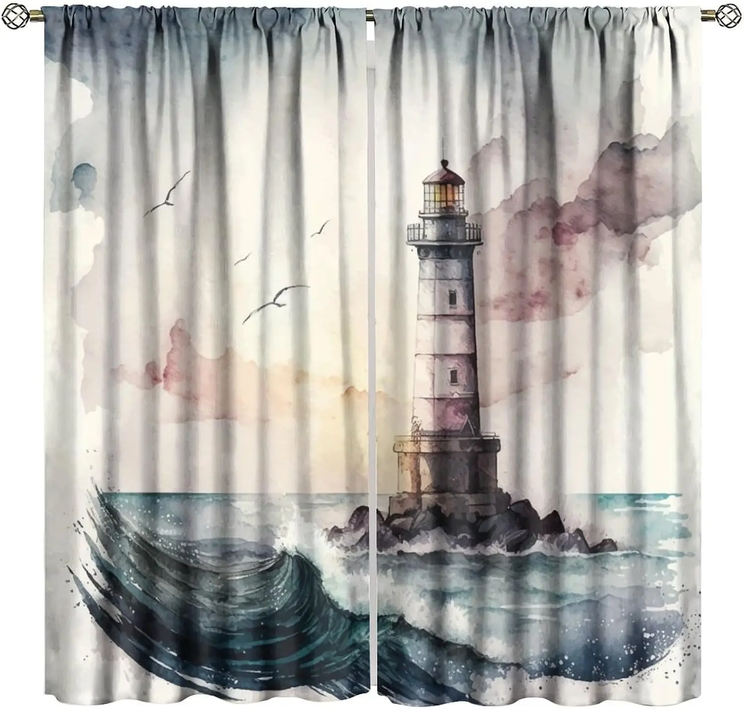 Watercolor Lighthouse Curtains Nautical Ocean Art Window Drapes Seaside Coastal Beach Scene Bathroom Window Blinds Filter Room