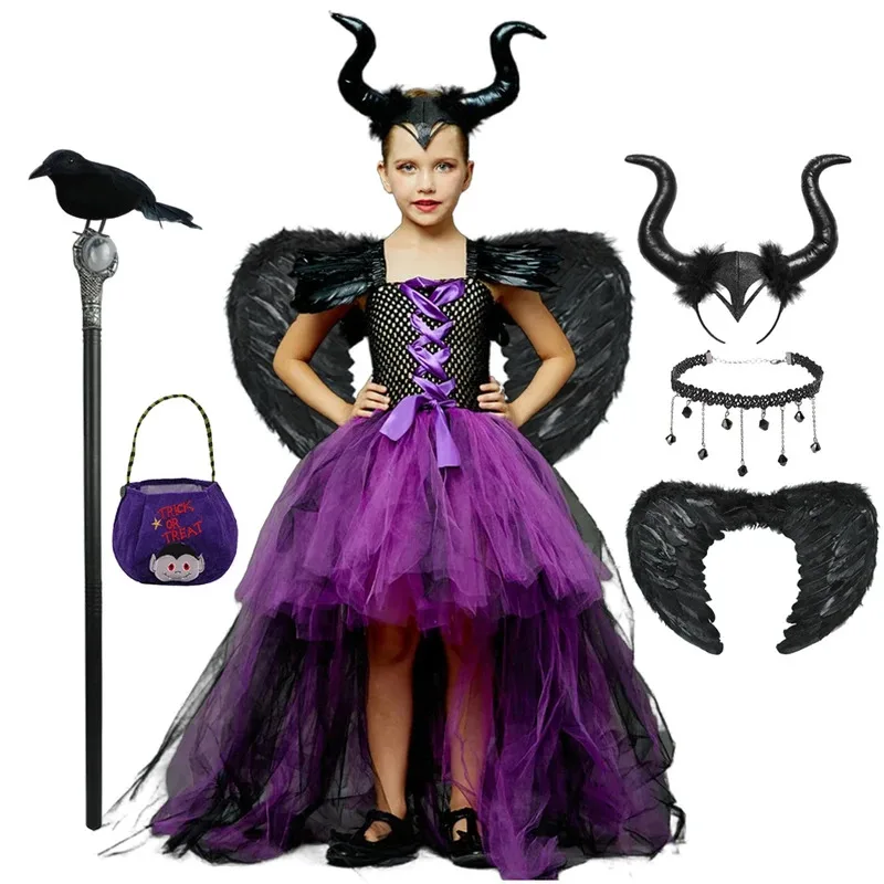 

XT8Halloween Children Costume Tulle Dress Girls Cosplay Vestidos Party Evil Queen Mesh Princess Dress Kids Crow WandXT6@!
