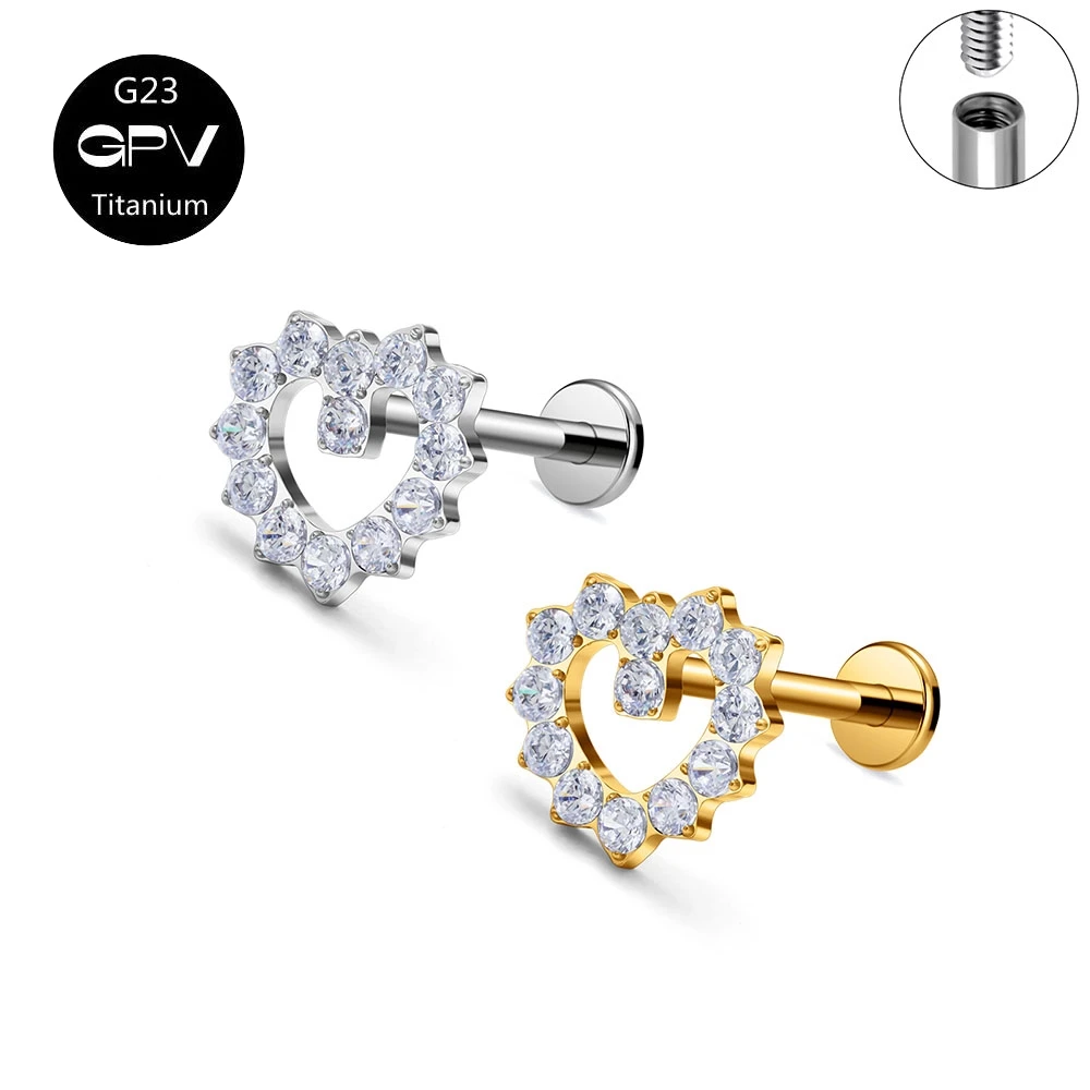 

G23 Titanium F136 Heart shaped Ear Cartilage Nail CZ Fashion Women's Perforated Jewelry Internal Thread Ear Nail