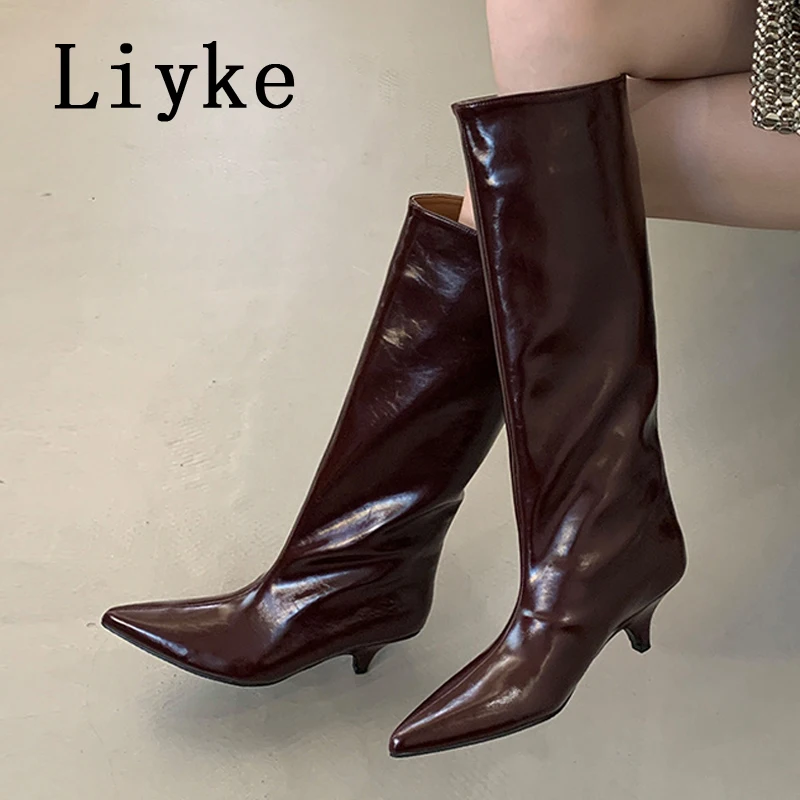 Liyke Winter Street Style Cosy Pointed Toe Woman Knee-High Boots Slip-On Low Thin Heels Shoes Female Long Booties Zapatos Mujer