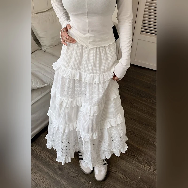 White Hollowed Out Hook Flower White Half Skirt for Women\'s 2024 High Waisted A-Line Cake Skirt Spring Summer Long Skirt ﻿