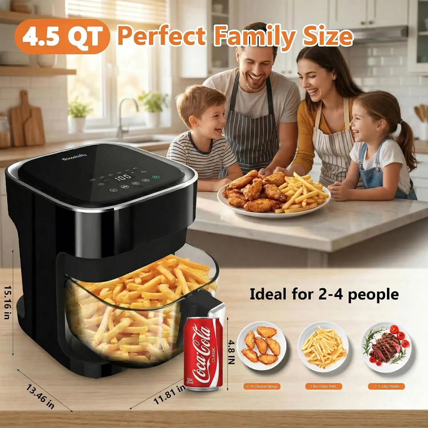 4.5 Qt Air Fryer with Borosilicate Glass Basket, 360° Visibility, Upgraded Food-Grade Stainless Steel Tray, 8 One-Touch Presets,