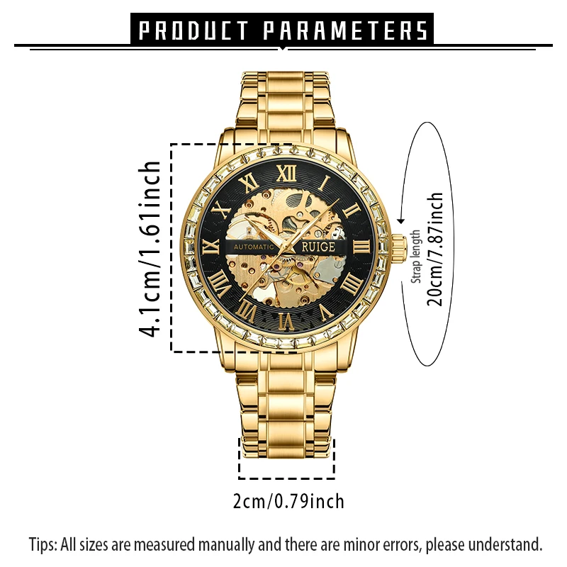 RUIGE Luminous hollow-out design stainless steel strap automatic mechanical watch, fashionable business men's wristwatch.