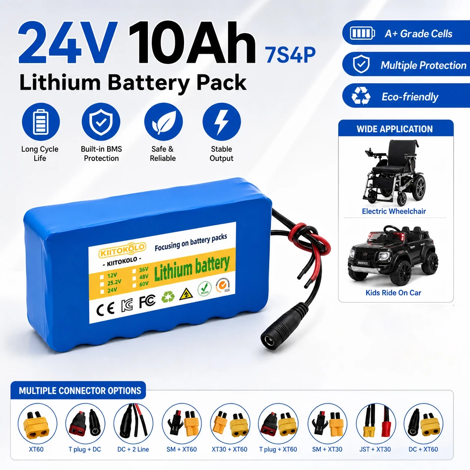 24V 10Ah 7S4P 리튬 이온 배터리 팩, BMS가 포함된 충전식 전자 자전거 배터리 및 전기 자전거 스쿠터 휠체어 장난감 자동차용