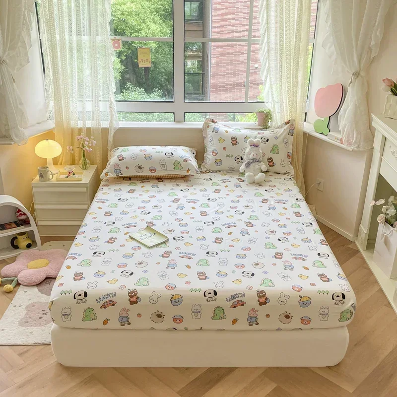 100% Cotton Breathable Animal Park Theme Fitted Sheet Set Letter Print Kids Adults Bedroom Decoration Single Double Bedding