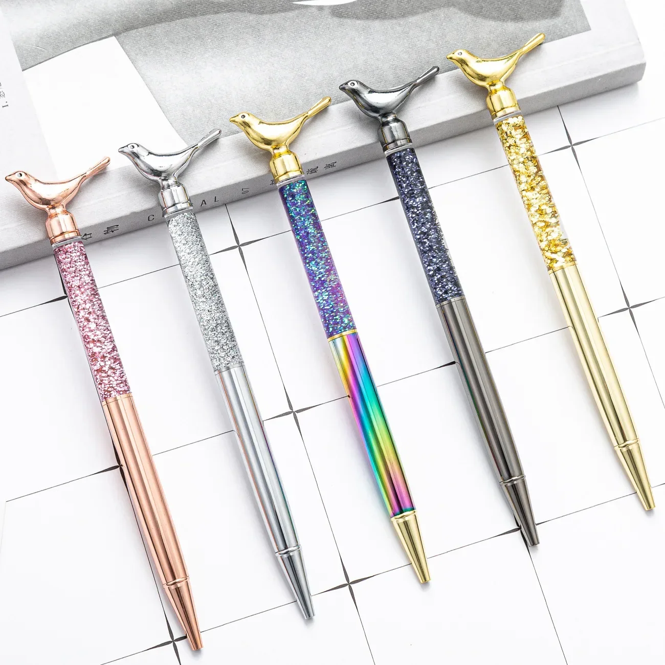 A10PCS Colorful Bird Gold Powder Ballpoint Pen Gift Pen With Oil Pen