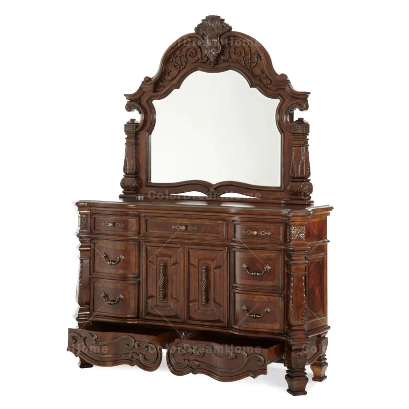 custom.Antique Design Bedroom Furniture Classic America Style Bedroom Decor Handmade Solid Wood Carved Dresser with Mirror view 6