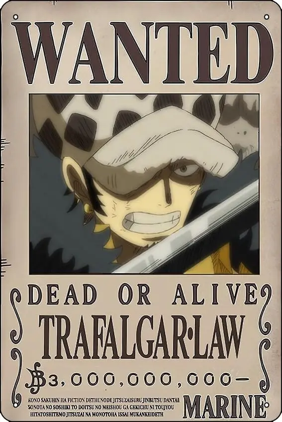 Poster Wanted Trafalgar Law Wano 2022 Poster Funny Metal Tin Sign for Home Kitchen Bar Room Garage Decor 