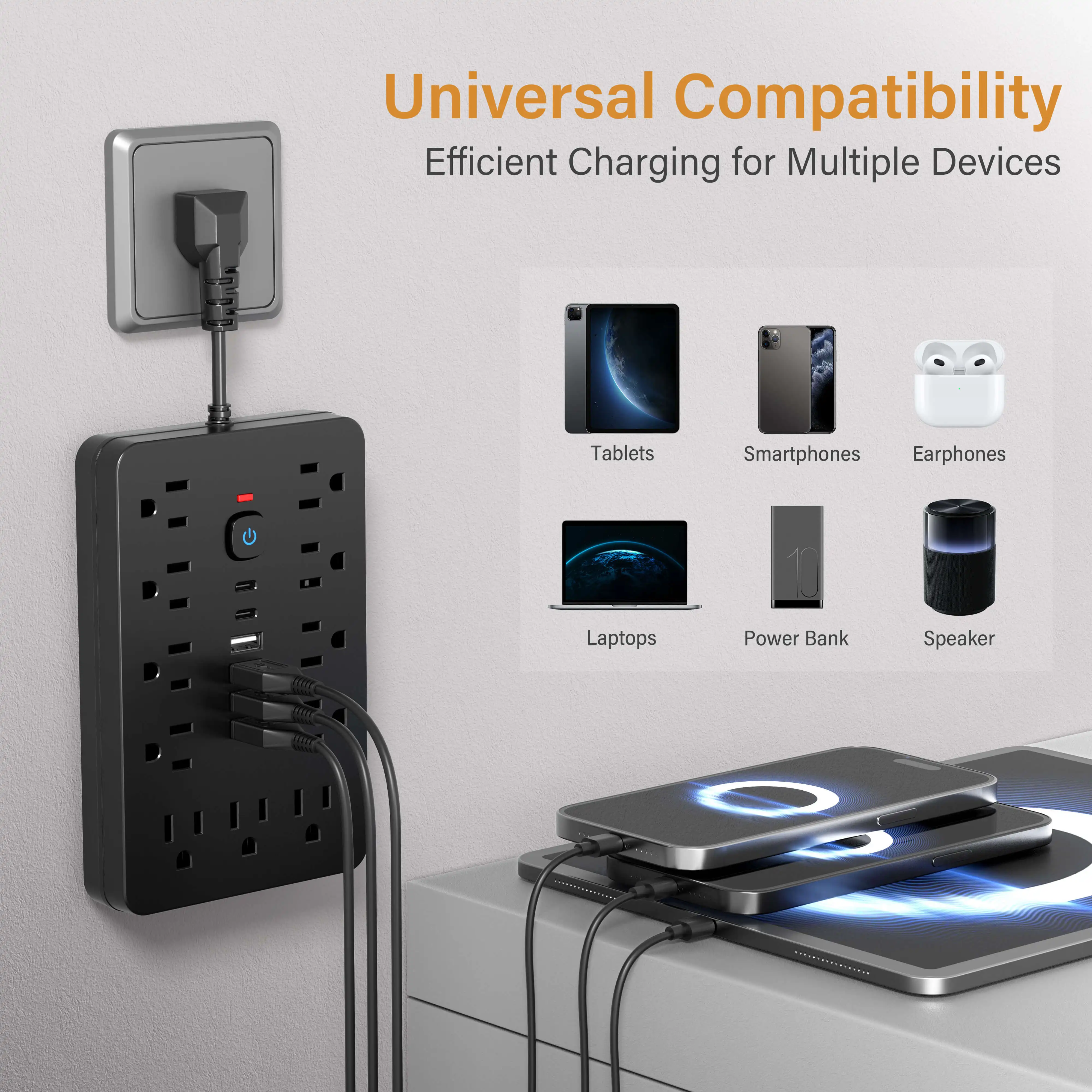 Versatile 17-in-1 Power Hub with Surge Protection - Includes 11 AC Outlets, 4 USB Ports & 2 Type-C