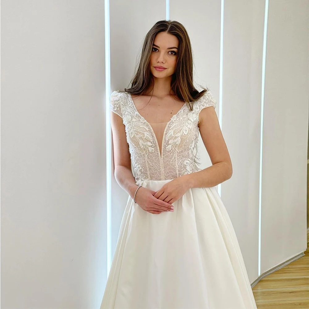 Weilinsha-vestidos De novia con cuello en V y manga casquillo, recién llegados, vestidos De novia cortos, Jersey blanco acampanado, vestido De mujer