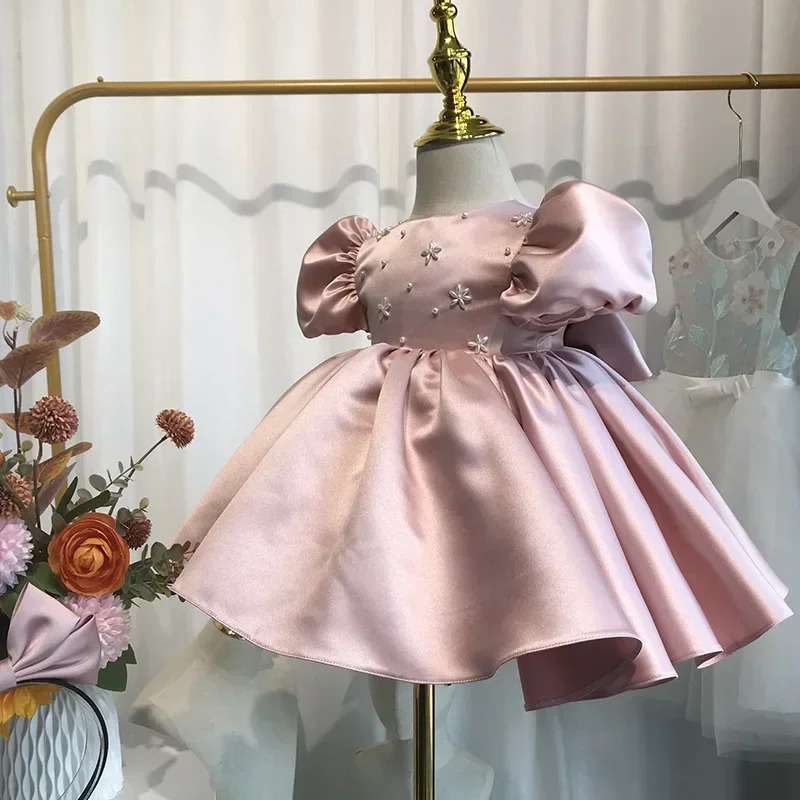 ICJAEHAO 2024 Baby Girls Party Dress Blue Puff Sleeves Plain Ball Gowns Elegant Baptism First Birthday Beading Children Clothes