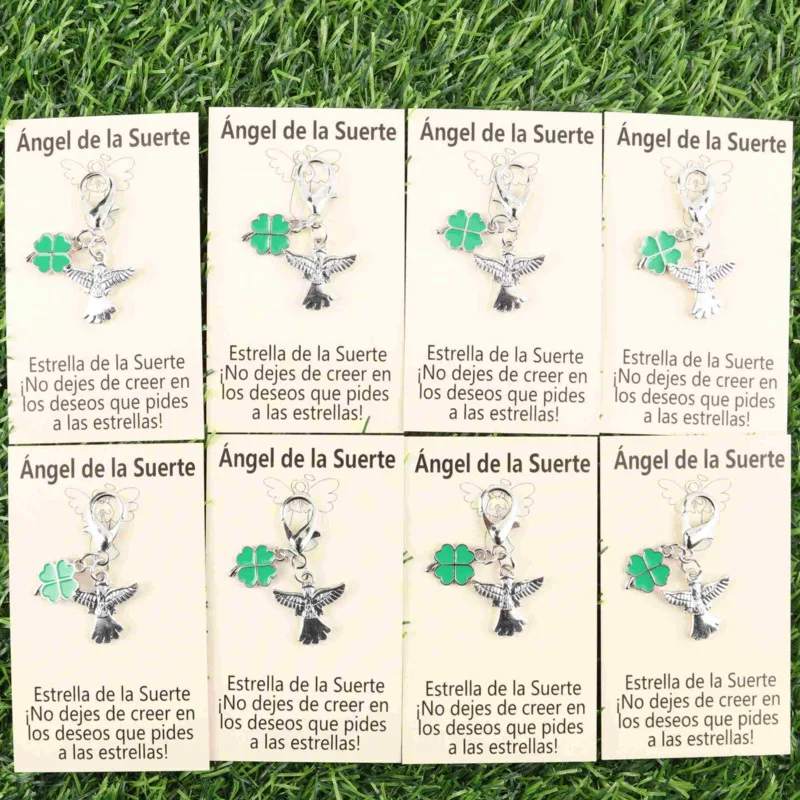 8pcs Cute angel with four-leaf clover keychain set Belt“Lucky Angel”Card Can write blessing messages Actively support gifts Luck