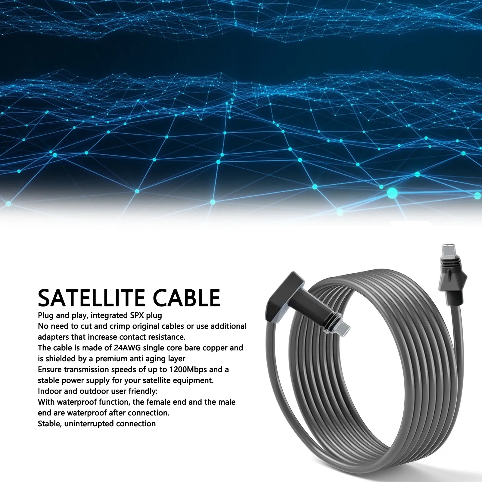 

6FT 1.8M Satellite POE Cable 1200Mbps 24AWG Single Copper Waterproof Replacement Cord for Starlink Router and Satellite Internet