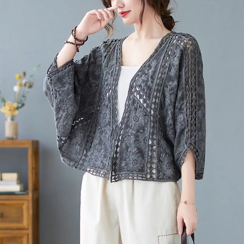 Knitted Cardigans Women Hollow Out Summer Thin Clothes Vintage Chic Graceful Sun-proof All-match Simple New Aesthetic 6 Colors