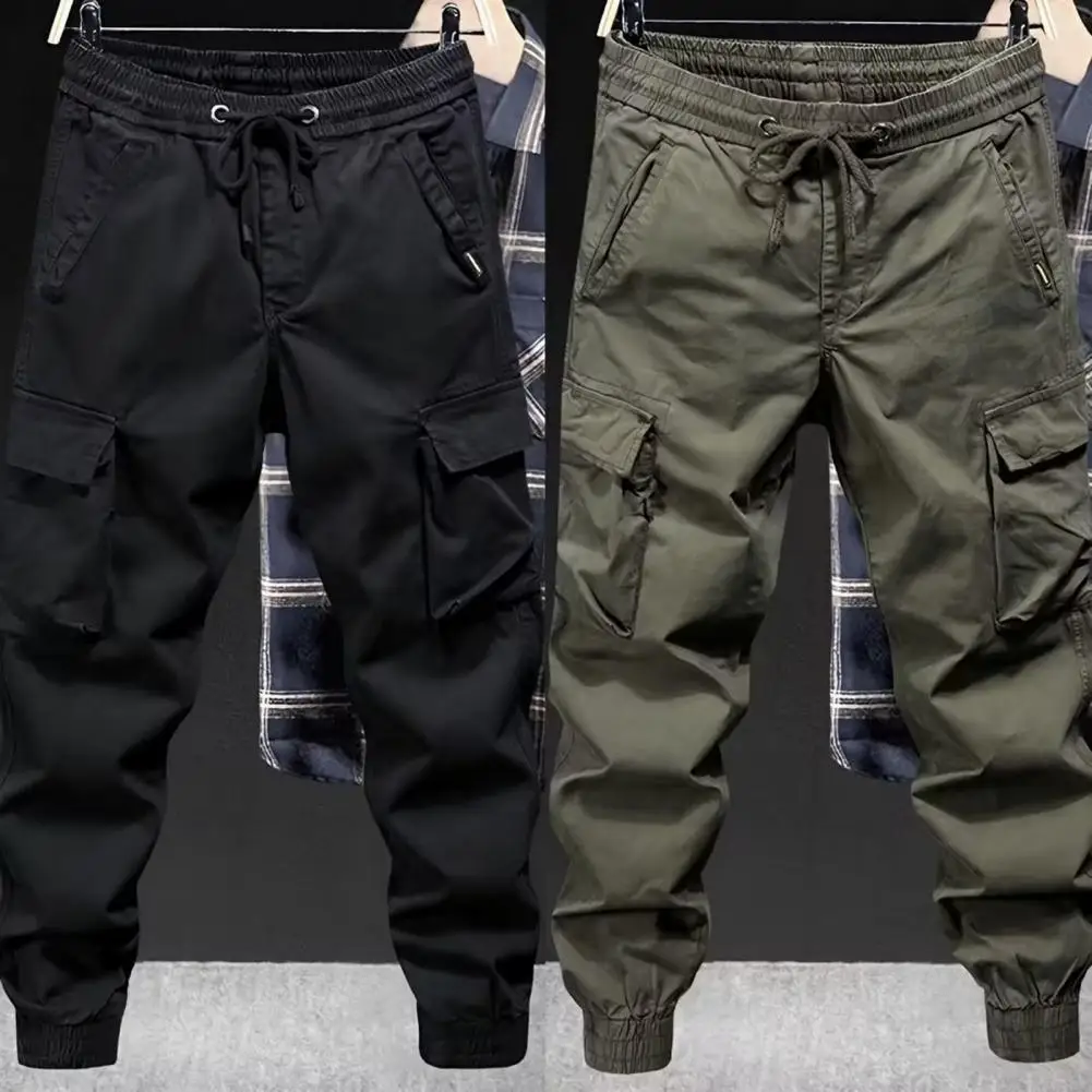 Men Cargo Pants Drawstring Multi Pockets Street Trousers Elastic Waistband Loose Hip Hop Long Trousers Casual Pants Streetwear