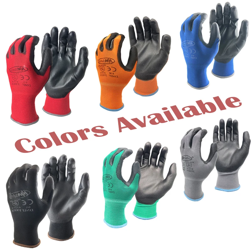 NMSafety 12 Pairs Garden Men's Safety Gloves Red Knitted Nylon Dipped PU Coated Palm Protective Work Gloves for Security