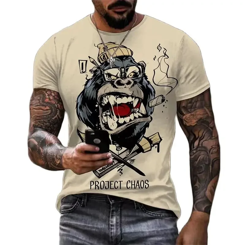 Violent Hip Hop Orangutan Head Breathable Casual Men's T-shirt 3D HD Printed Short Sleeve Shirt Comfortable Quick Dry O-neck Top