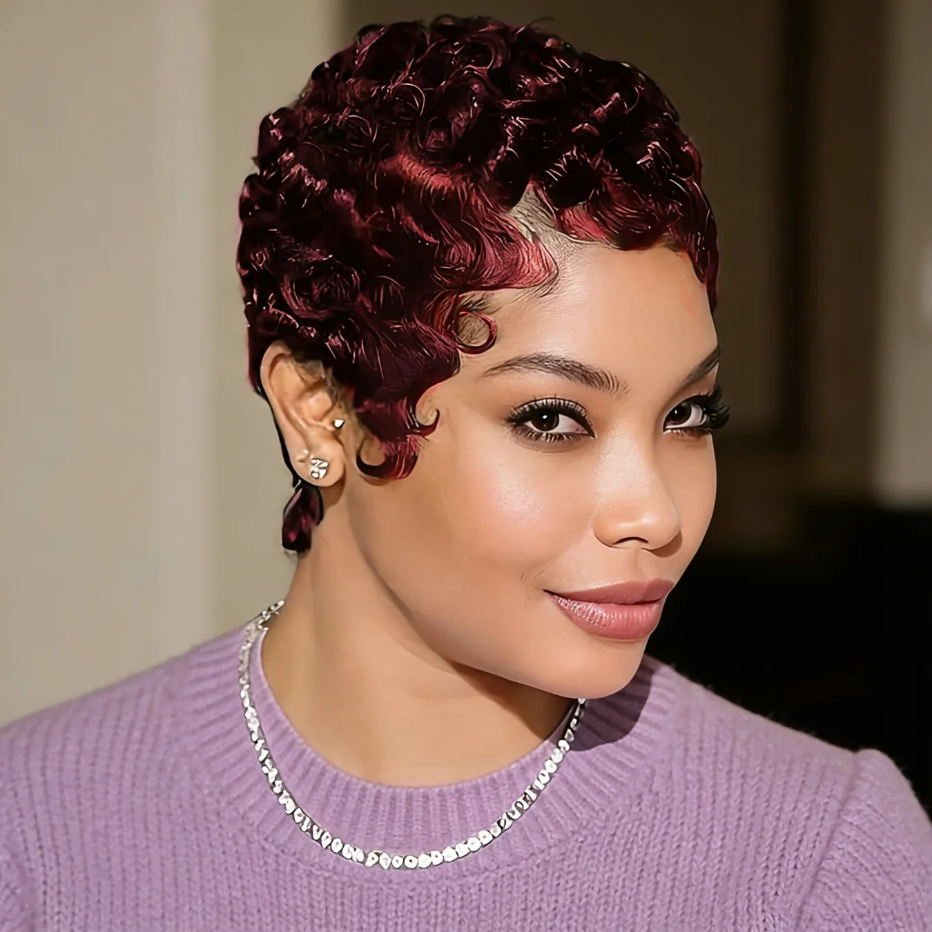 Side Part Pixie Cut Wig Human Hair, Short Layered Wigs with Bangs Full Machine Made Wigs for Women Daily Use