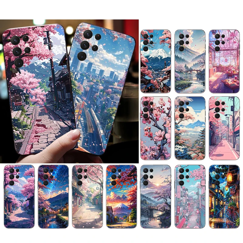 Japanese Landscape Cherry Flower Phone Case For Samsung S25 S24 S23 S22 S21 Ultra S24 S23 S22 S21 Plus S24 S21 S20 FE