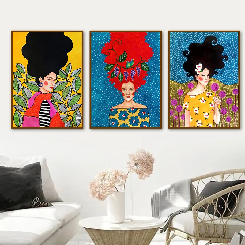 Abstract Canvas Painting Colorful Girl Hair Fashion Poster Flower Woman Vintage Picture For Modern Living Room Home Decor