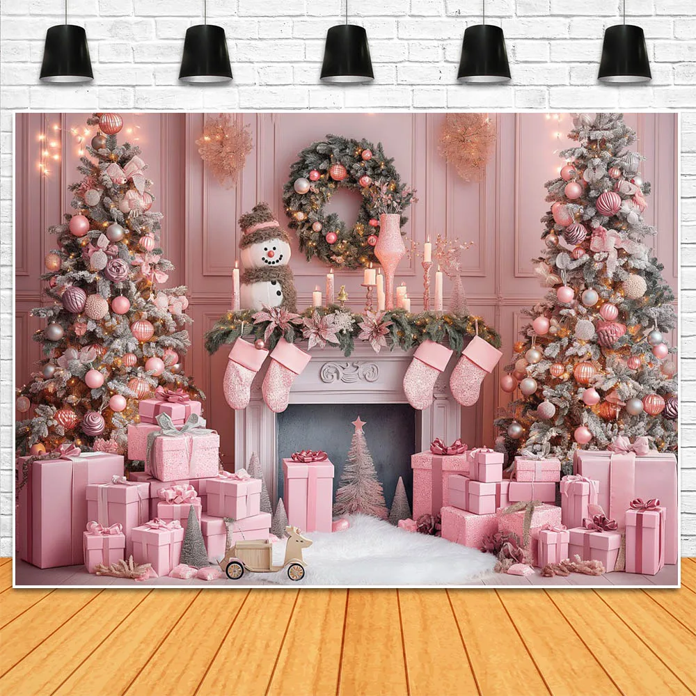 Mocsicka Christmas Pink Vintage Wall Backdrop for Photography Fireplace Xmas Tree Wreath Gift Box Girl Princess Photo Background