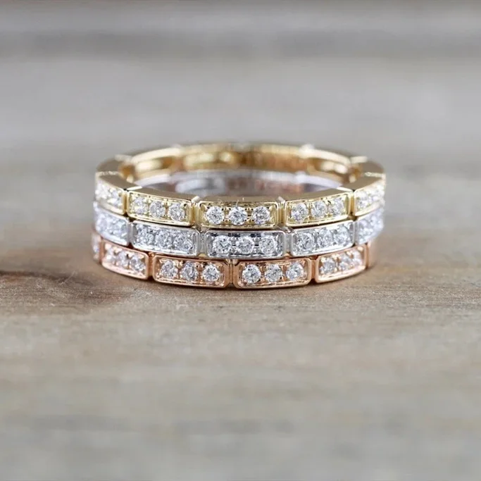 S925 Pure Sterling Silver Ring New Minimalist Trendy Strip Design Rose Gold Plated Micro Pave Setting Elegant Finger Ring