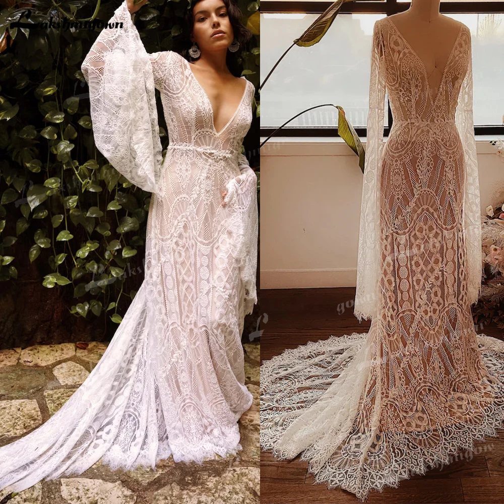 Bohemian Bell Sleeves Beach Dress Elopement Plunning V Neck Wedding Dress Elegant Wedding Gowns Tulle Chiffon Appliques