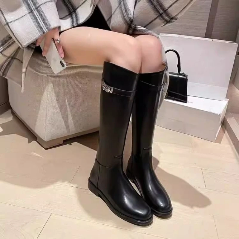 Black Leather Elegant with Low Heels Ladies Knee High Shaft Shoes Trend 2025 New in Comfortable Hot Rock Y2k Women's Long Boots