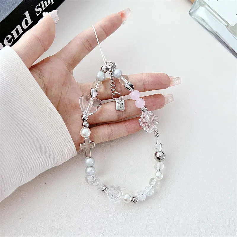 Bowknot Beaded Mobile Phone Chain Charm Acrylic Heart Beaded Pendant Phone Hanging Lanyard Strap Women Girls Sweet Accessories