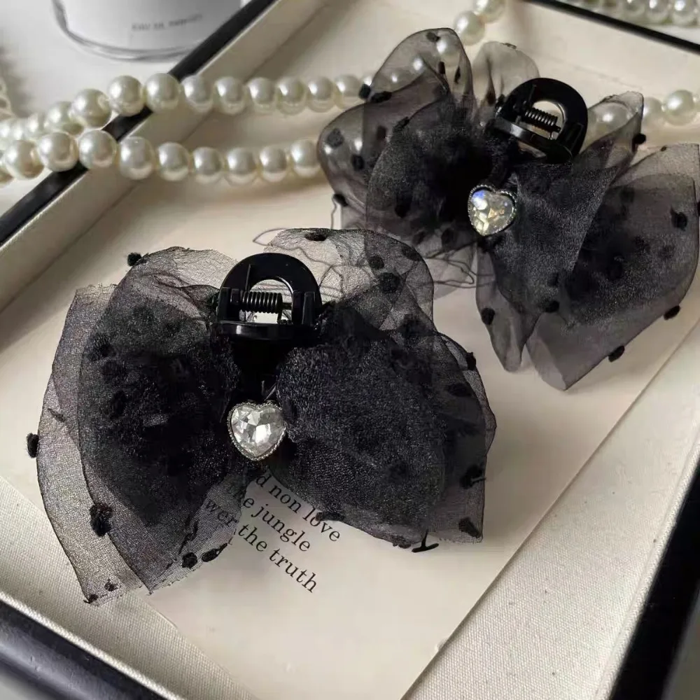 Black Chiffon organza Hair Claw Clip Vintage Korean Heart Rhinestone Shark Clip Elegant Barrette Lace Bubble Hair Clip